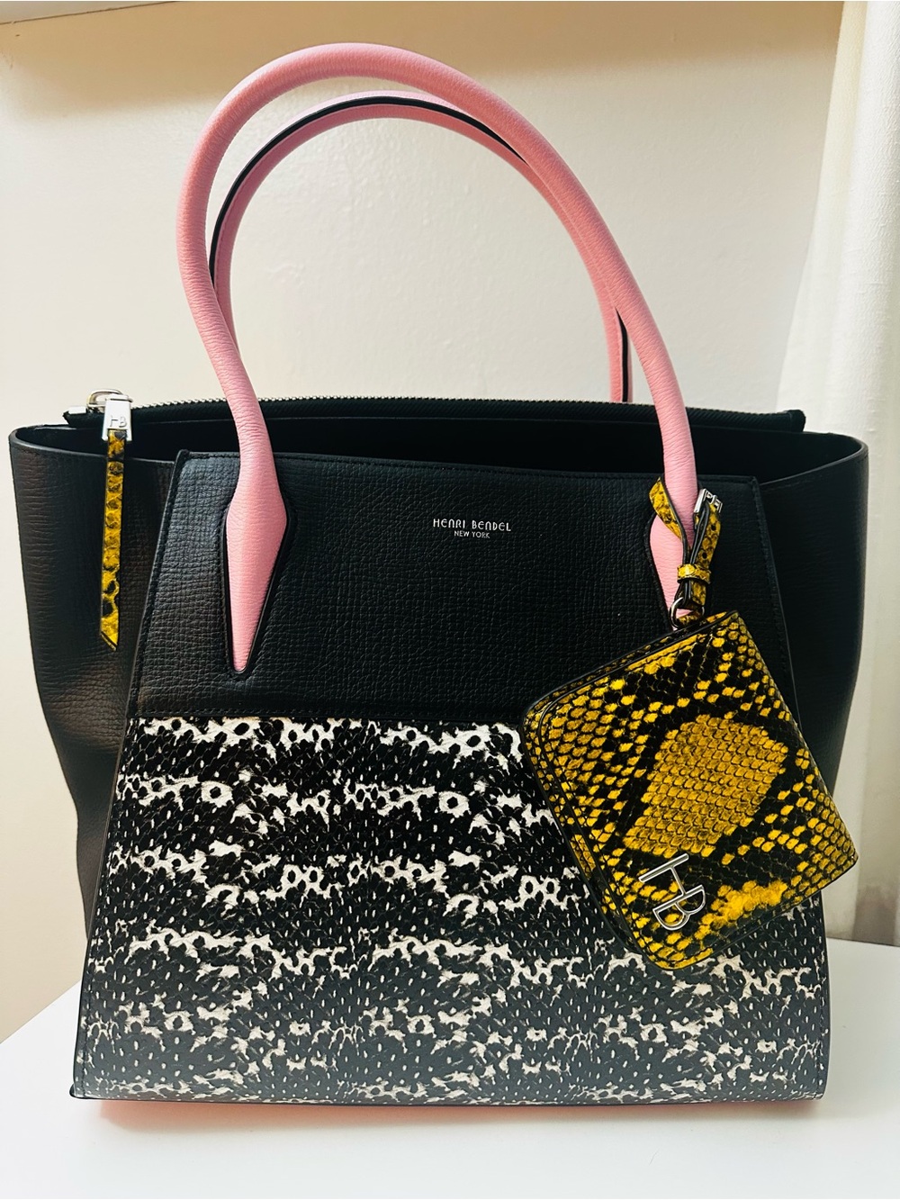 Henri Bendel Large Black Tote with Pink Handles and Yellow Snake-Print Wallet